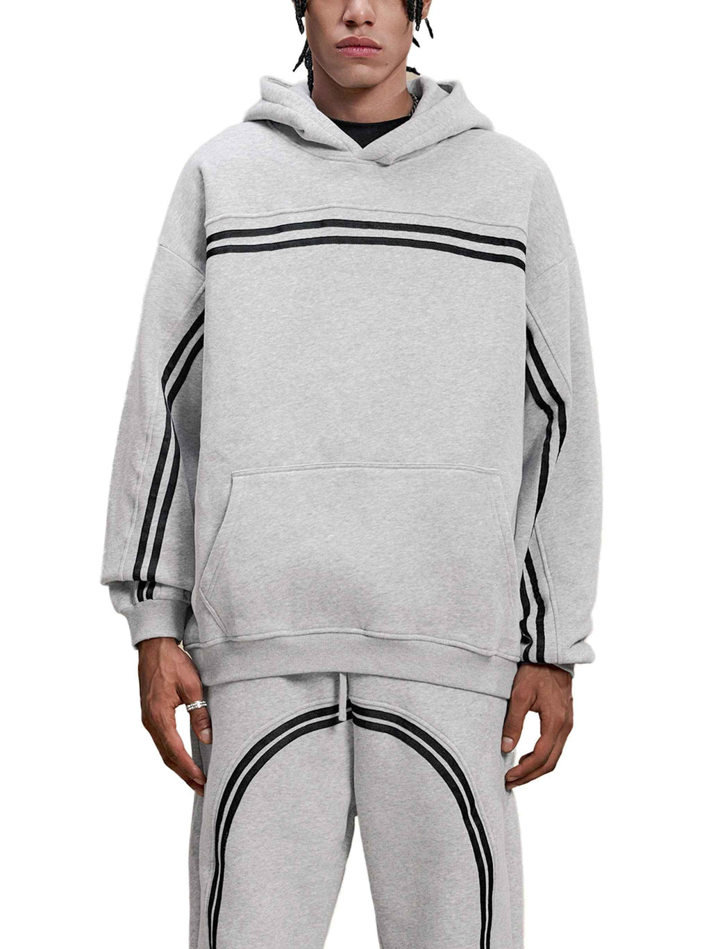 Grey Eclipse Track Sun Fade Hoodie Contrast Tape Fleece Streetwear Oversized Y2K Tracksuit Set