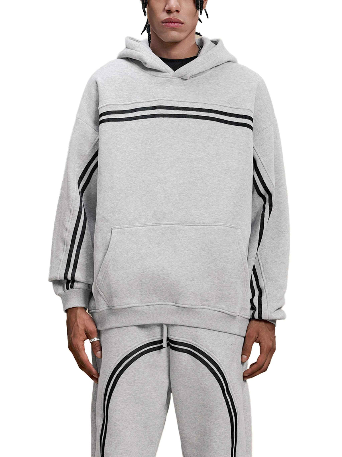 Grey Eclipse Track Sun Fade Hoodie Contrast Tape Fleece Streetwear Oversized Y2K Tracksuit Set