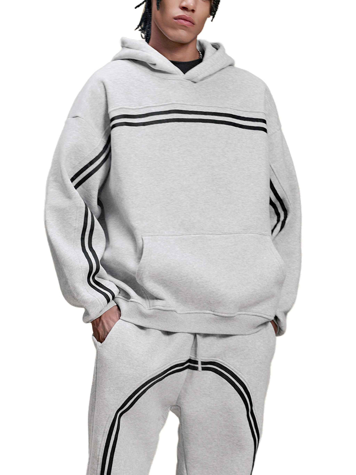 Grey Eclipse Track Sun Fade Hoodie Contrast Tape Fleece Streetwear Oversized Y2K Tracksuit Set