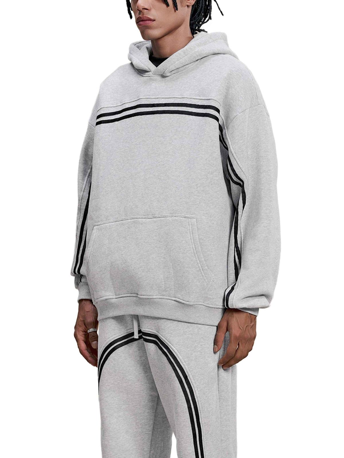 Grey Eclipse Track Sun Fade Hoodie Contrast Tape Fleece Streetwear Oversized Y2K Tracksuit Set