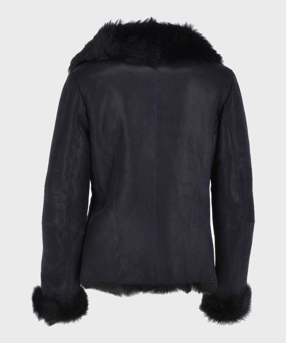 Women's Black Leather Jacket with Fur Collar and Cuffs
