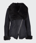 Women's Black Leather Jacket with Fur Collar and Cuffs