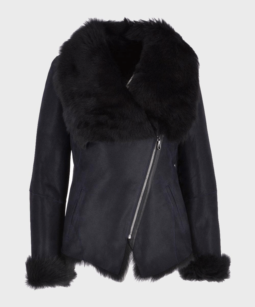 Women's Black Leather Jacket with Fur Collar and Cuffs