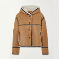 Women's Tan Hooded Sheepskin Shearling Coat