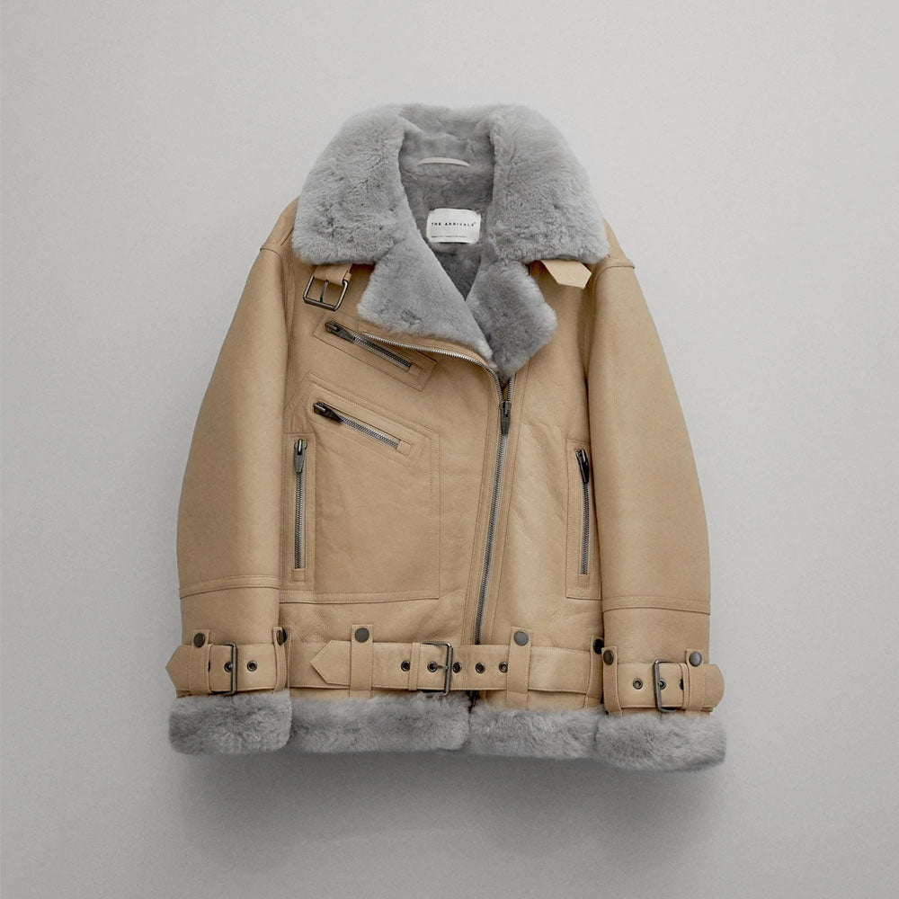 Women's Tan Leather Aviator Jacket with Grey Faux Shearling