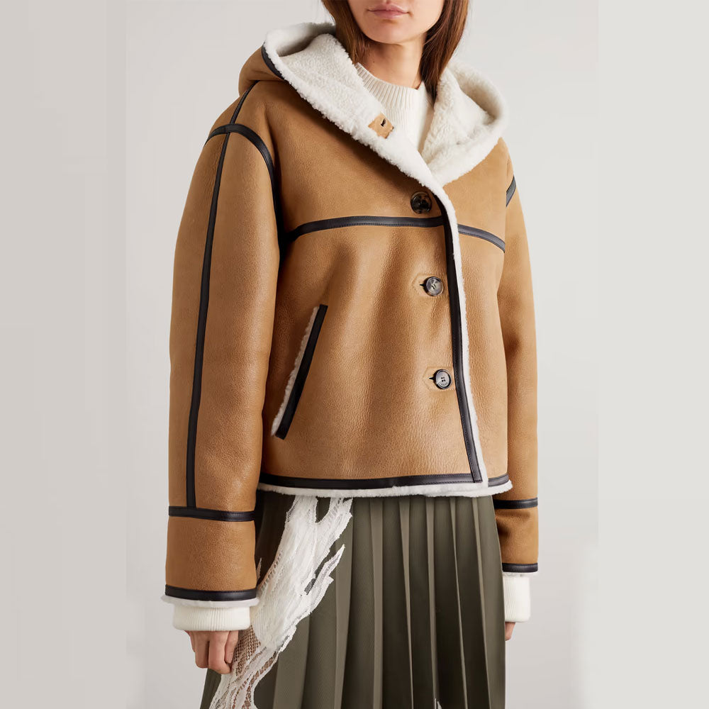Women's Tan Hooded Sheepskin Shearling Coat