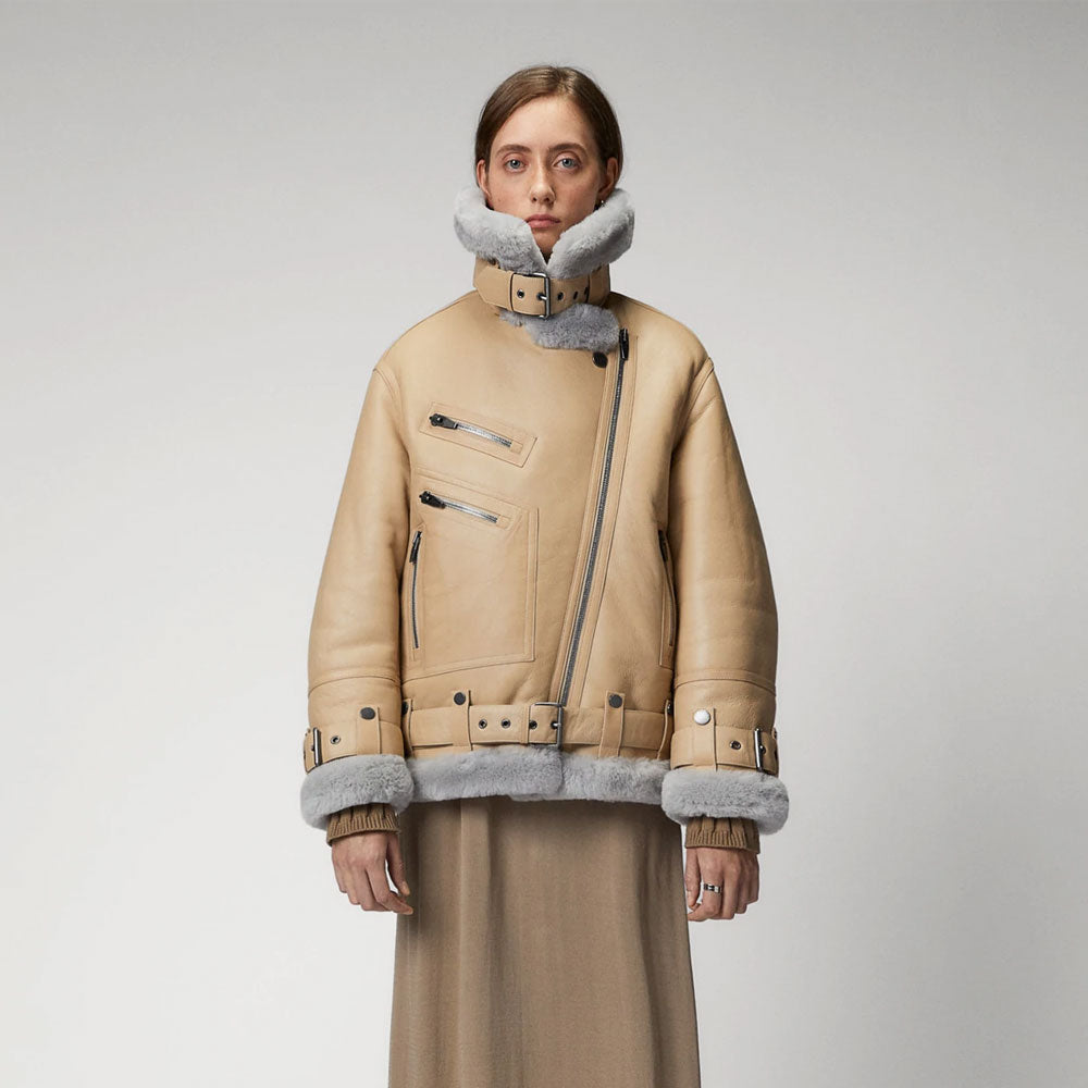 Women's Tan Leather Aviator Jacket with Grey Faux Shearling