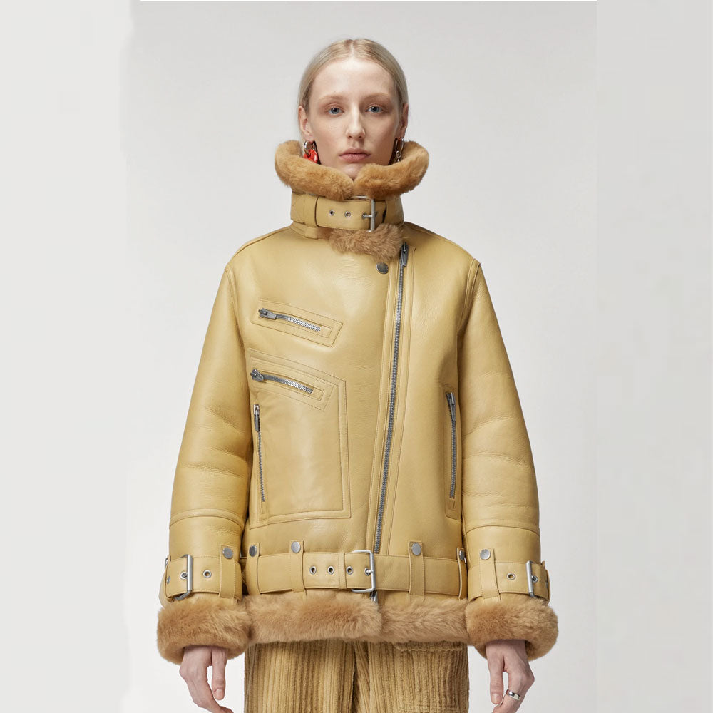 Women's Light Brown RAF Sheepskin Shearling Aviator Jacket