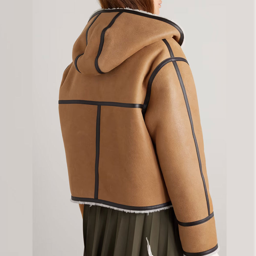 Women's Tan Hooded Sheepskin Shearling Coat