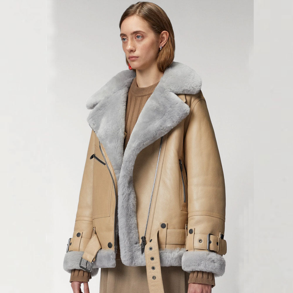 Women's Tan Leather Aviator Jacket with Grey Faux Shearling