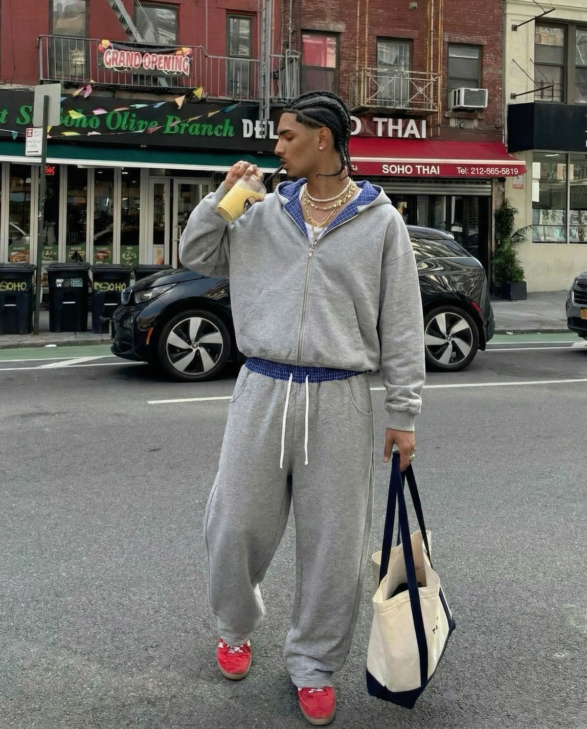 Lazy Boy Contrast Plaid Boxy Zip Up Gray Hoodie