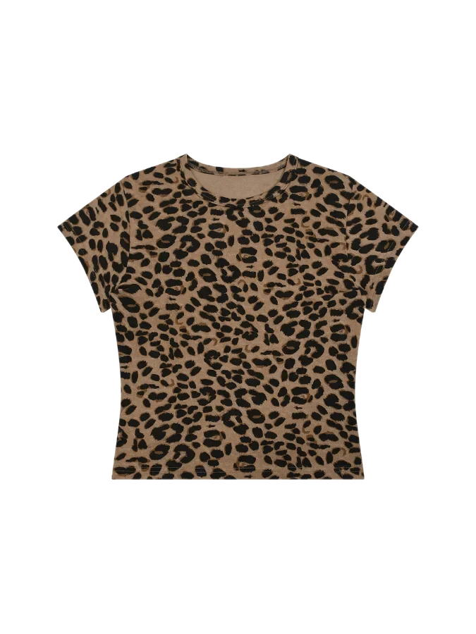 Women's Leopard Print Crop Top Y2K Tee – Brown | Cropped Slim Fit Tee