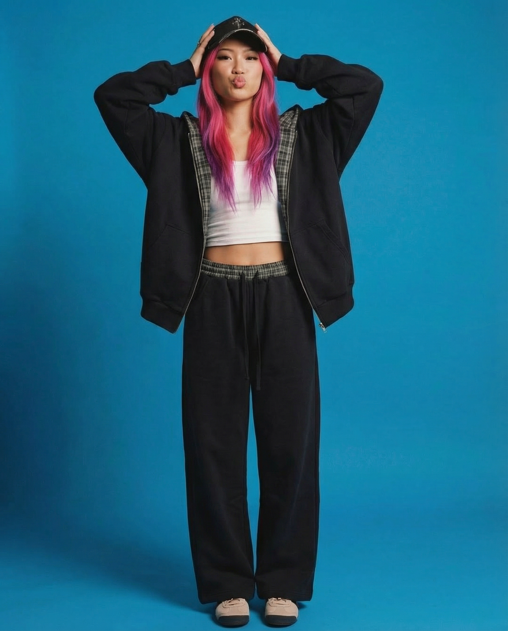 Plaid Waistband Barrel Oversized Y2K Flared Black Sweatpants