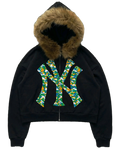 NY Teal Camo Uptown Skyline Fur Detachable Zip Up Hoodie Y2K Loose Fit Cropped