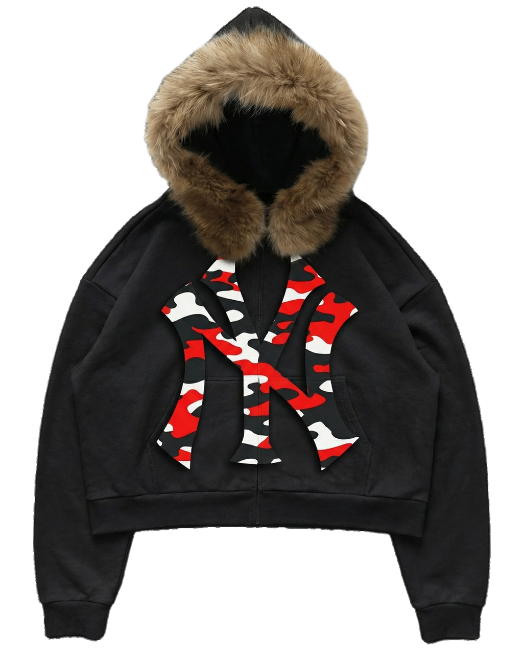 NY Red Camo Uptown Skyline Fur Detachable Zip Up Hoodie Y2K Loose Fit Cropped