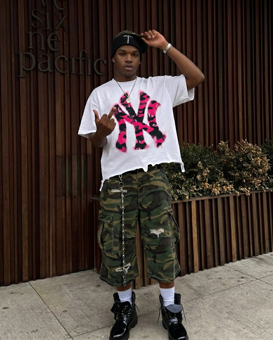 Destroyed NYC Inked Pink Camouflage Shirt Vintage Oversized Boxy T-shirt Graphic Y2K