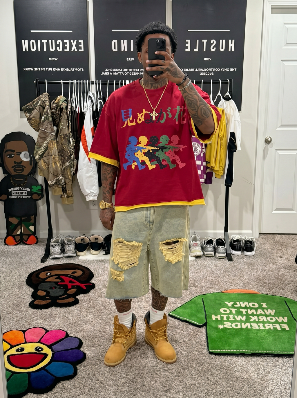 Japanese Neniom Boxy Color Block Graphic  T-Shirt – Oversized Yellow Red Streetwear Tee