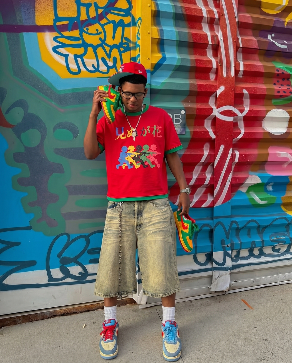 Japanese Neniom Boxy Color Block Graphic  T-Shirt – Oversized Red Green Streetwear Tee