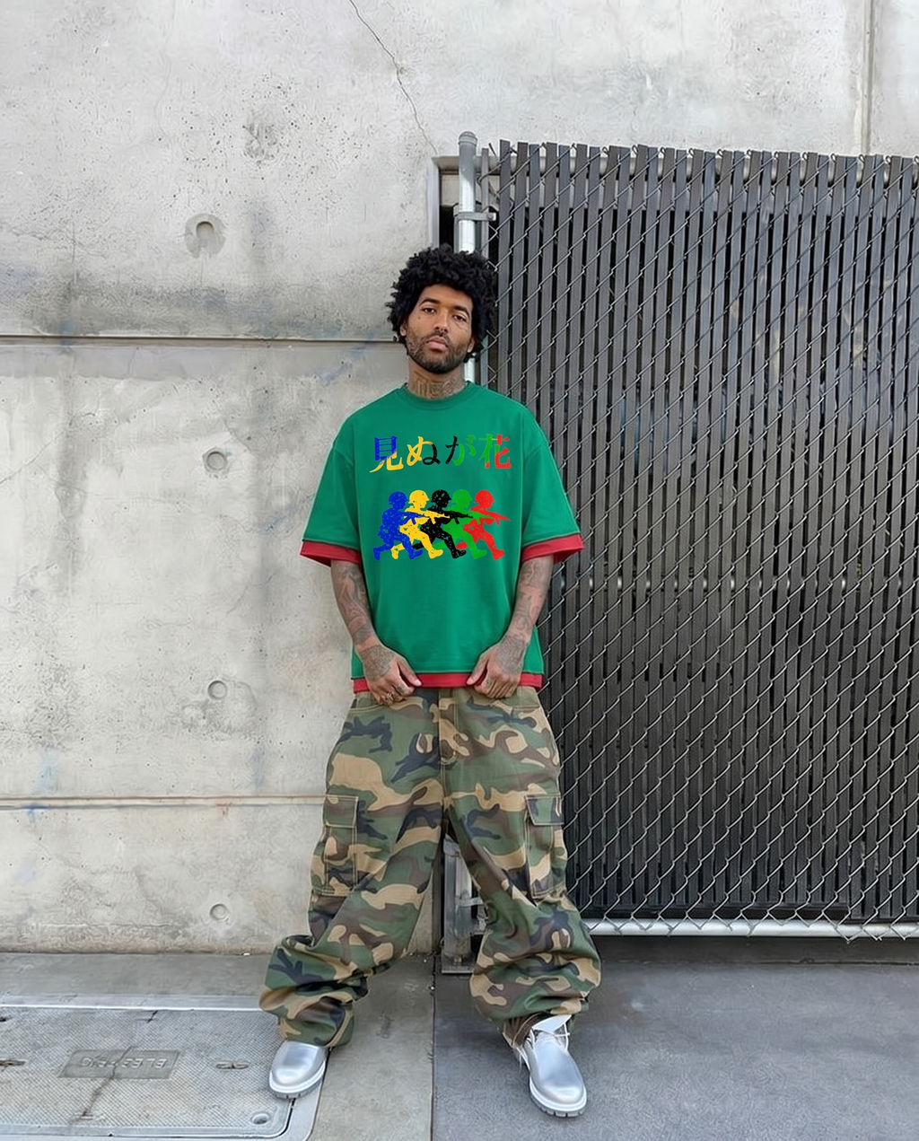 Japanese Neniom Boxy Color Block Graphic T-Shirt – Oversized Green Streetwear Tee