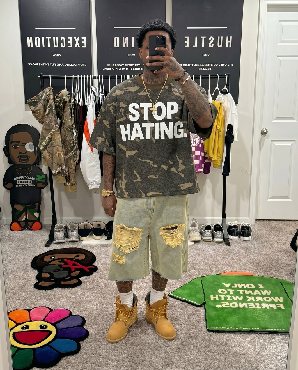 "STOP HATING" Camouflage Cropped Oversized Shirt Streetwear Boxy Unisex Top