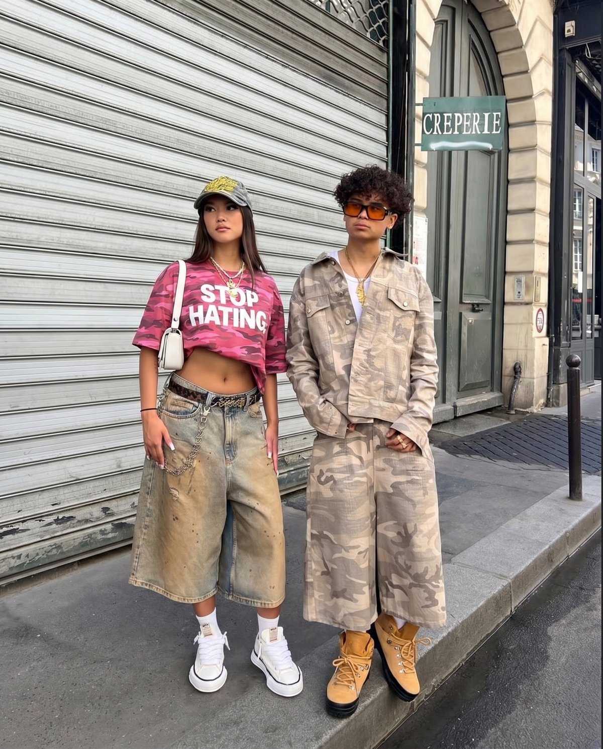 "STOP HATING" Urban Pink Camouflage Cropped Oversized Shirt Streetwear Boxy Tee