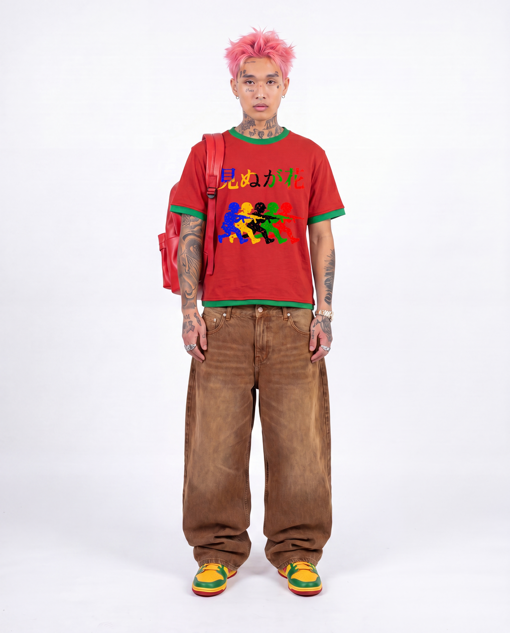 Japanese Neniom Boxy Color Block Graphic  T-Shirt – Oversized Red Green Streetwear Tee