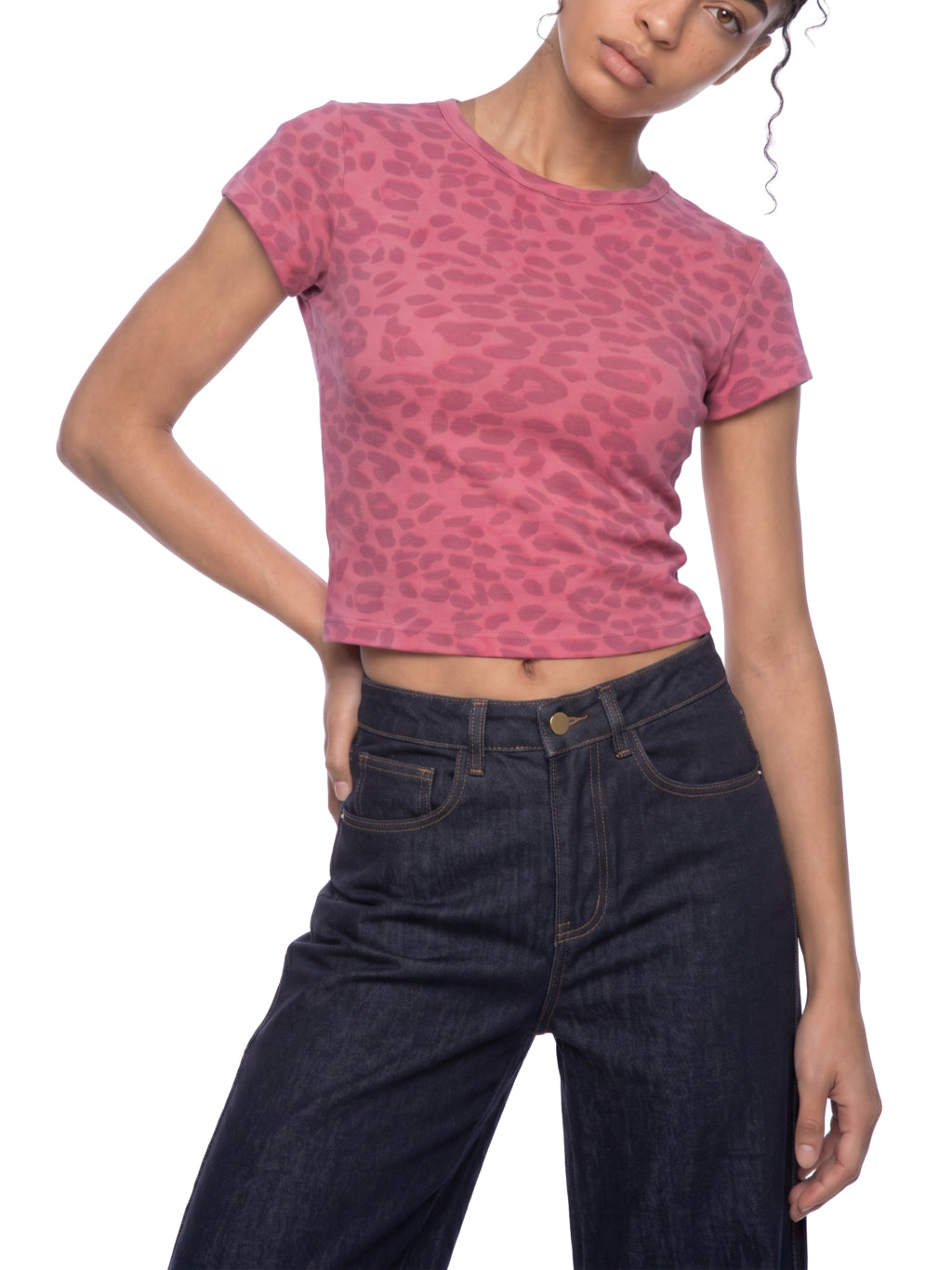 Women's Leopard Print Crop Top Y2K Shirt – Rose Pink | Cropped Slim Fit Tee
