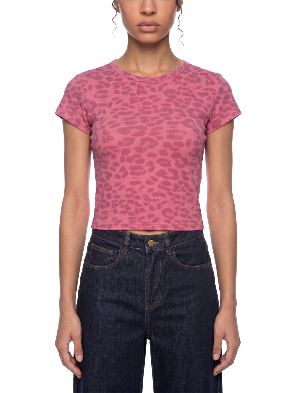 Women's Leopard Print Crop Top Y2K Shirt – Rose Pink | Cropped Slim Fit Tee