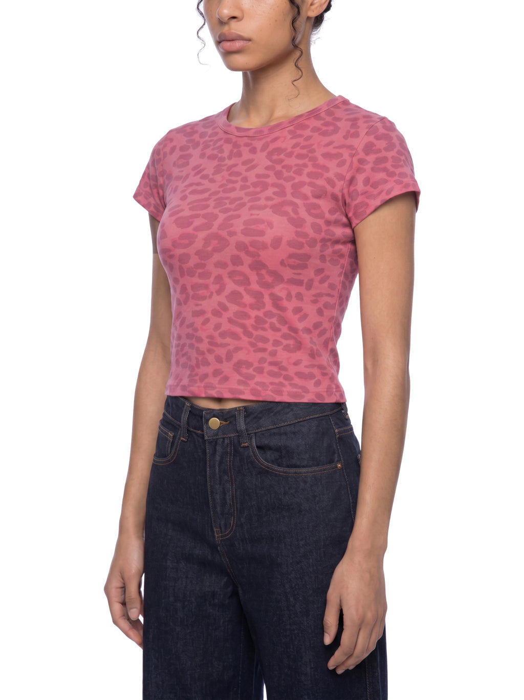 Women's Leopard Print Crop Top Y2K Shirt – Rose Pink | Cropped Slim Fit Tee