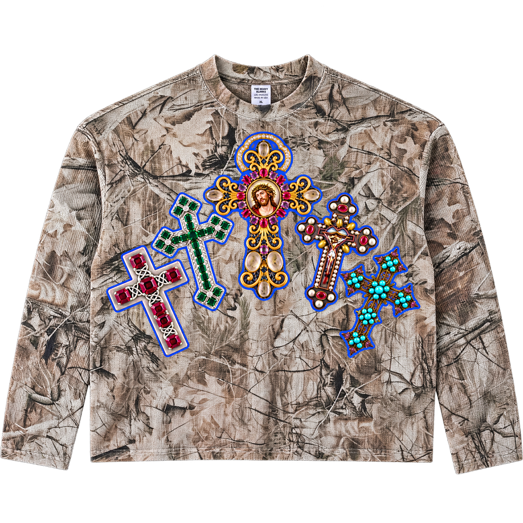 Jeweled Crosses Tree Camo Waffle Boxy Long Sleeve Thermal Oversized Sweater Graphic Tee Streetwear Y2K