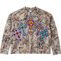 Jeweled Crosses Tree Camo Waffle Boxy Long Sleeve Thermal Oversized Sweater Graphic Tee Streetwear Y2K