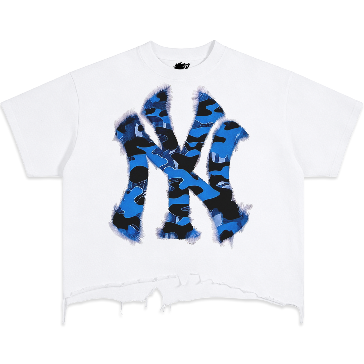 Destroyed NYC Inked Blue Camouflage Shirt Vintage Oversized Boxy T-shirt Graphic Y2K