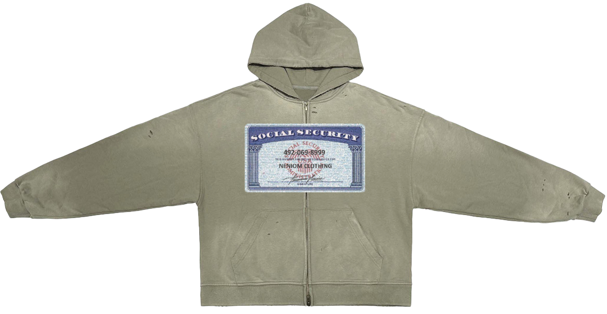 Social Security Destroyed Zip-Up Streetwear Hoodie Unisex  Oversized Graphic Opium Y2K